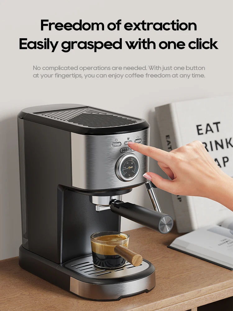 HiBREW compact black and stainless steel espresso machine with analog pressure gauge and one-touch control.