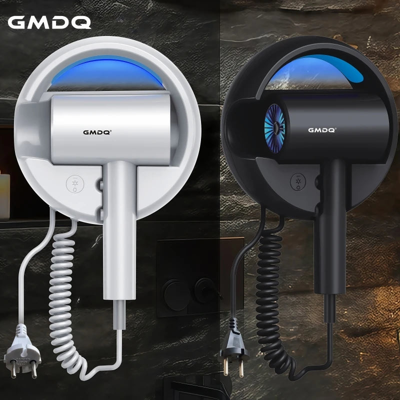 GMDQ wall-mounted 1800W hair dryer with blue light, constant temperature, and coiled cord in white and black options.