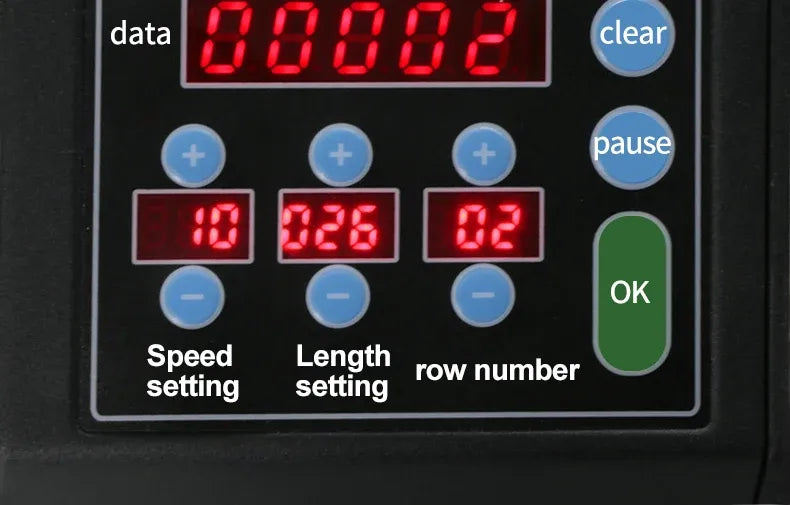 Automatic label stripper machine LCD panel showing speed, length, and row number controls.