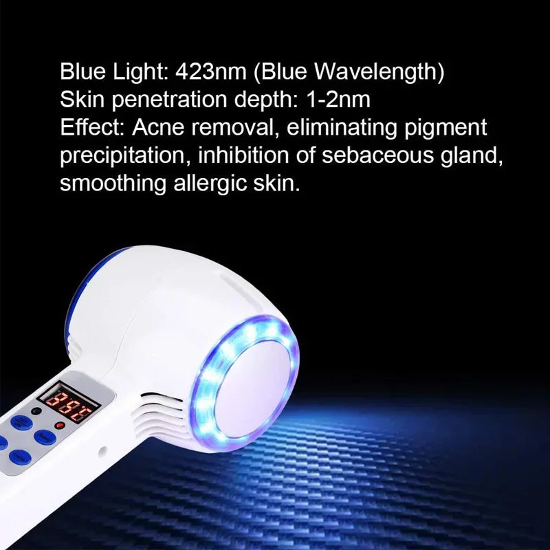 White handheld face massager with blue LED light ring, digital display, and buttons, against a black background.