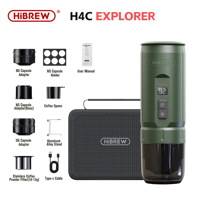 HiBREW H4C Explorer portable coffee maker in green with capsule adapters, stand, case, and USB-C cable accessories.
