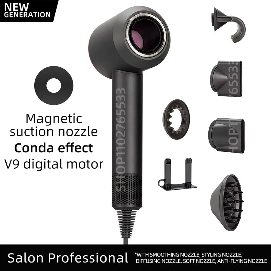Black 5-in-1 ionic hair dryer with magnetic attachments, diffuser, and high-speed digital motor for salon styling.