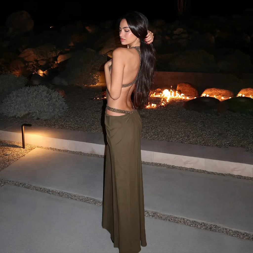 Sexy Women's Maxi Dress Halter Hollow Out Backless Sleeveless Ruched Evening Long Dresses Party Chic Robe Green Purple Summer