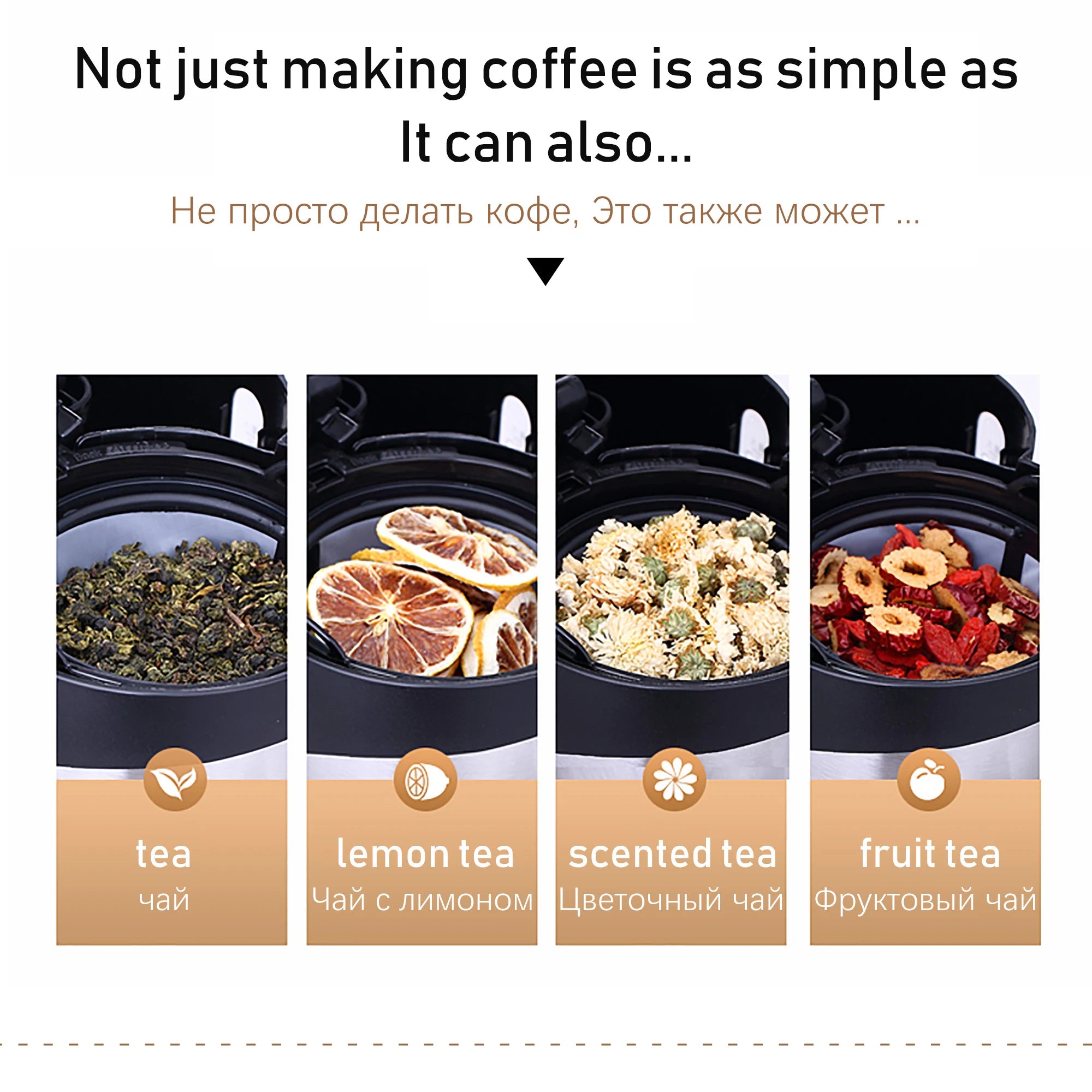 Multipurpose coffee and tea maker basket with filter brewing tea, lemon, flowers, and dried fruit for infusion.