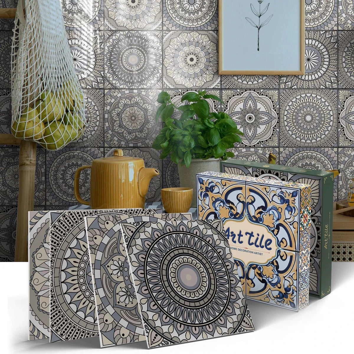 Peel-and-stick mosaic tile sticker sheets with gray mandala patterns and small floral accents