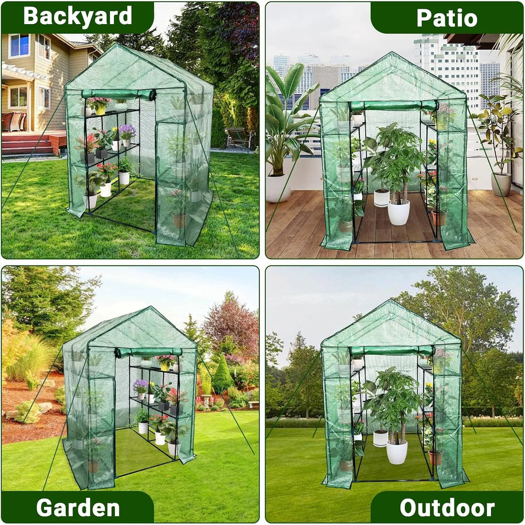 Walk-in Greenhouse for Outdoors,  Green Plant Greenhouse with 8 Shelves, Steel Frame, PE Cover, Roll-Up Zipper Door