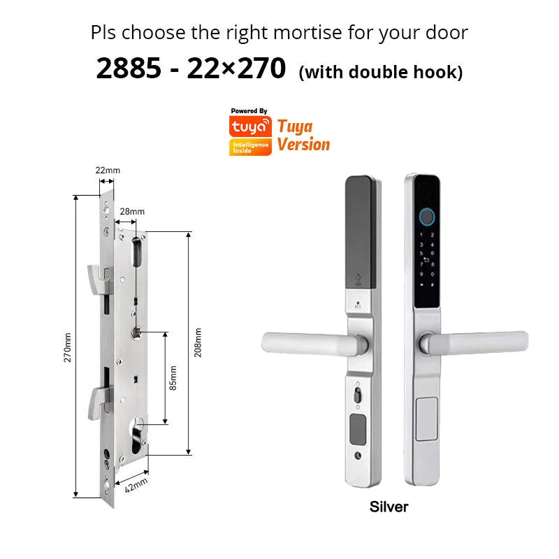 Tuya Wifi App Waterproof Smart Aluminum Door Lock Euro Double Hook Mortise Fingerprint Password Electronic Sliding Door Lock
