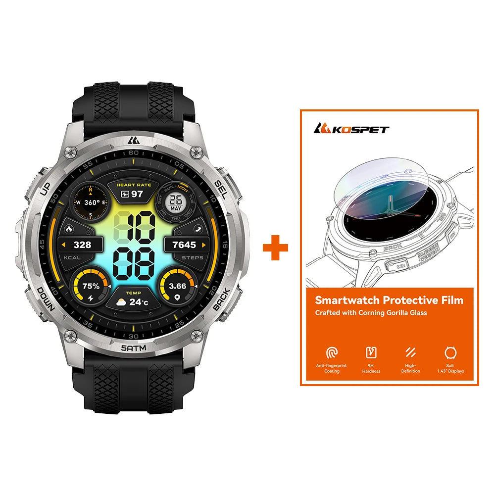 KOSPET TANK T4C Smart & Rugged Watch for Men Military-Grade Body with GPS Health Tracking & On-Wrist Flashlight 5ATM Waterproof