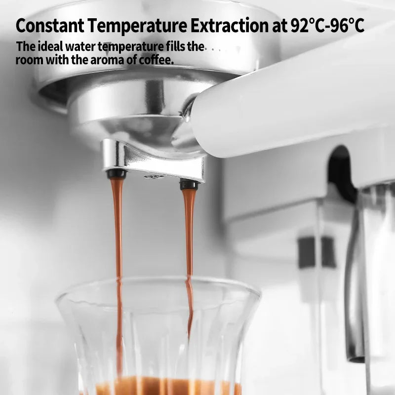White espresso machine portafilter extracting double shots of coffee at 92-96 degrees Celsius constant temperature.