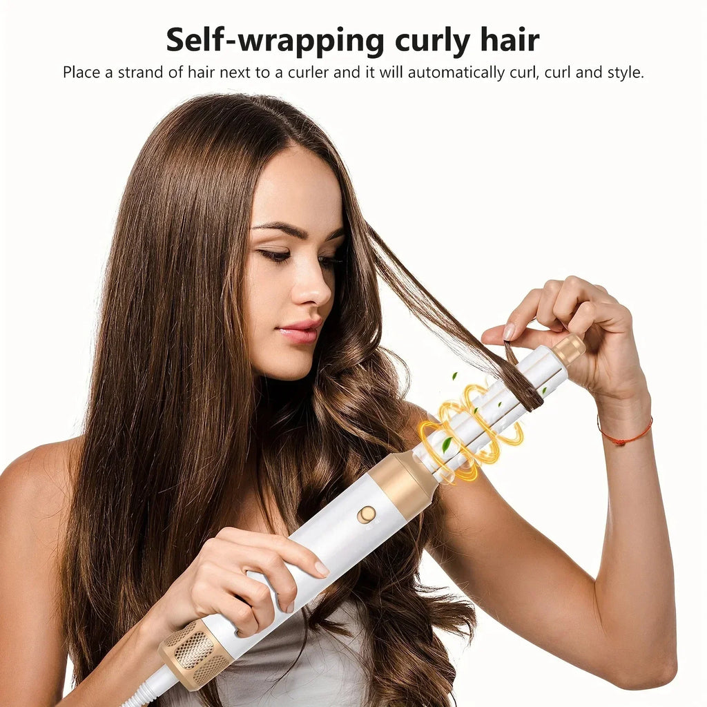 TINSOL 7-in-1 white and gold hair dryer curling wand automatically wraps hair for professional salon-style curls.