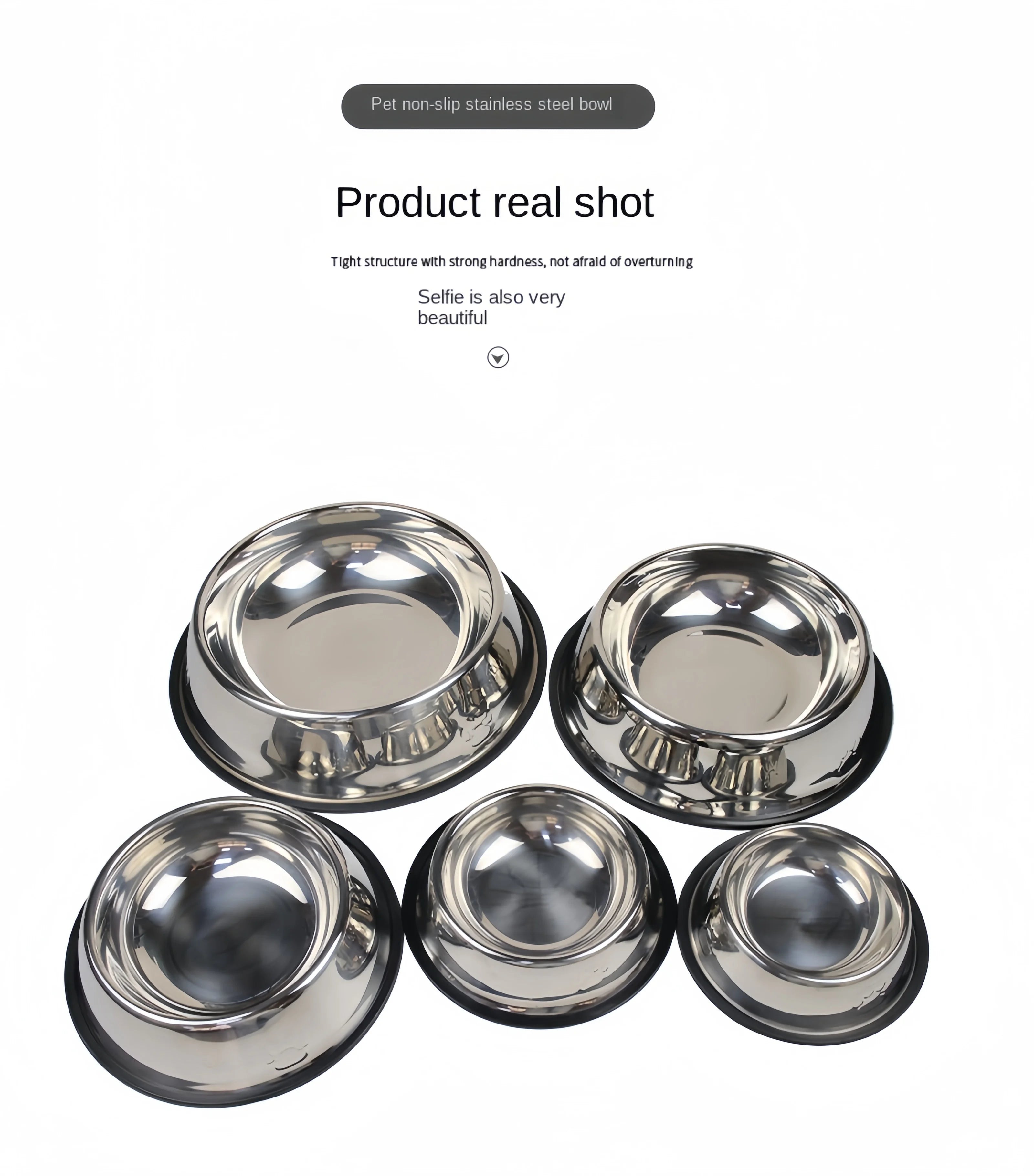 Durable stainless steel dog and cat feeding bowls with non-slip base in various sizes for easy cleaning.
