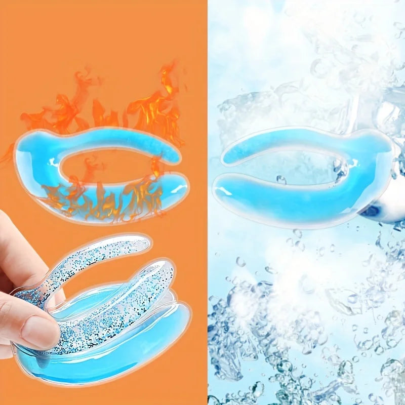 Blue gel eye patches in flame and water backgrounds, with one version featuring blue glitter.