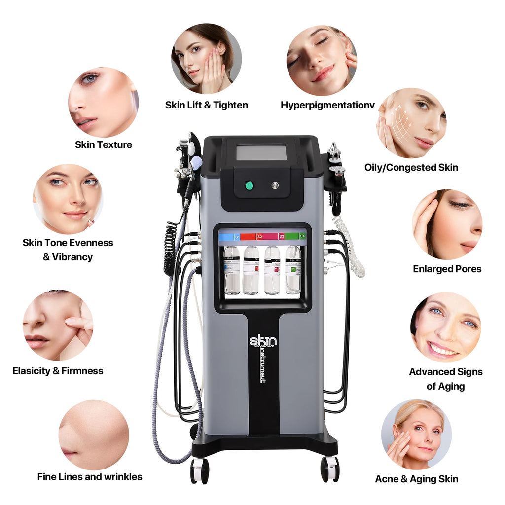 Gray 10-in-1 facial machine with four liquid solution bottles, a control screen, and multiple skincare attachments.