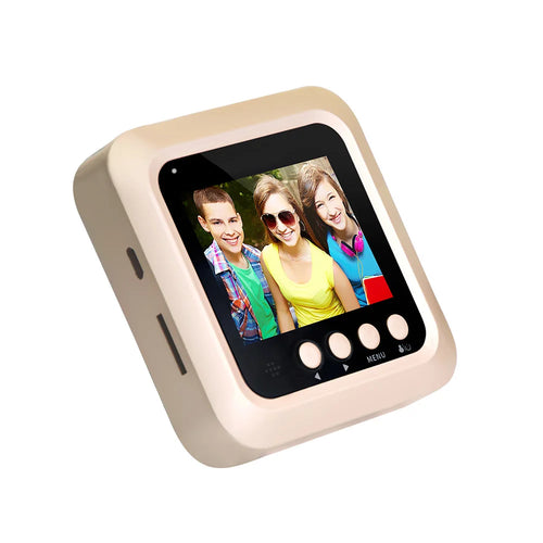 Gold mini security camera monitor with built-in screen and matching round outdoor camera