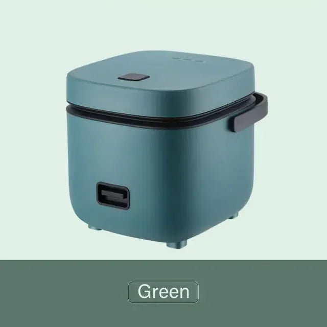 Teal mini electric rice cooker with front heat-control port and hinged lid