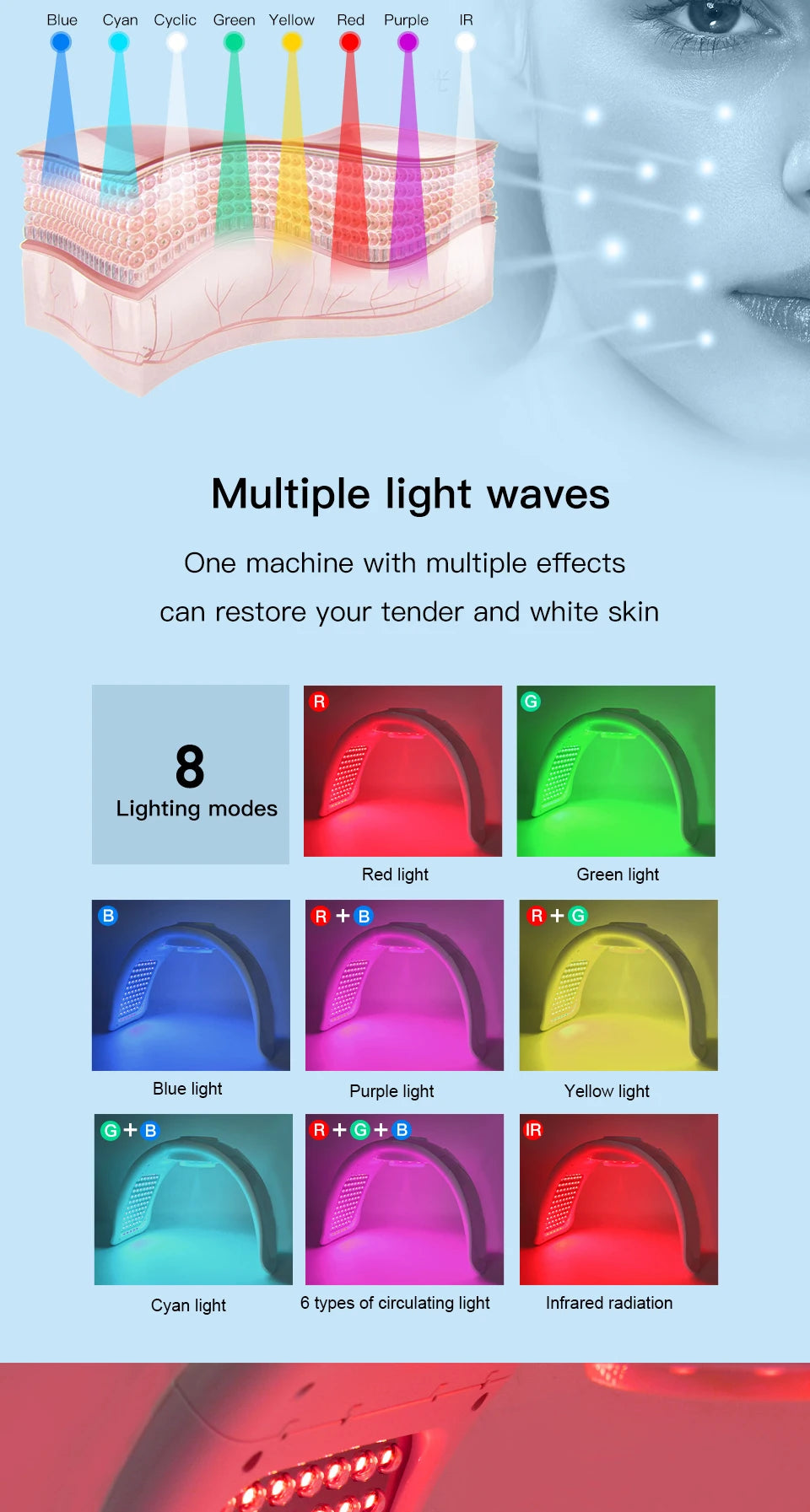 LED skin therapy machine featuring a curved, white arch with eight adjustable light modes for facial treatment.
