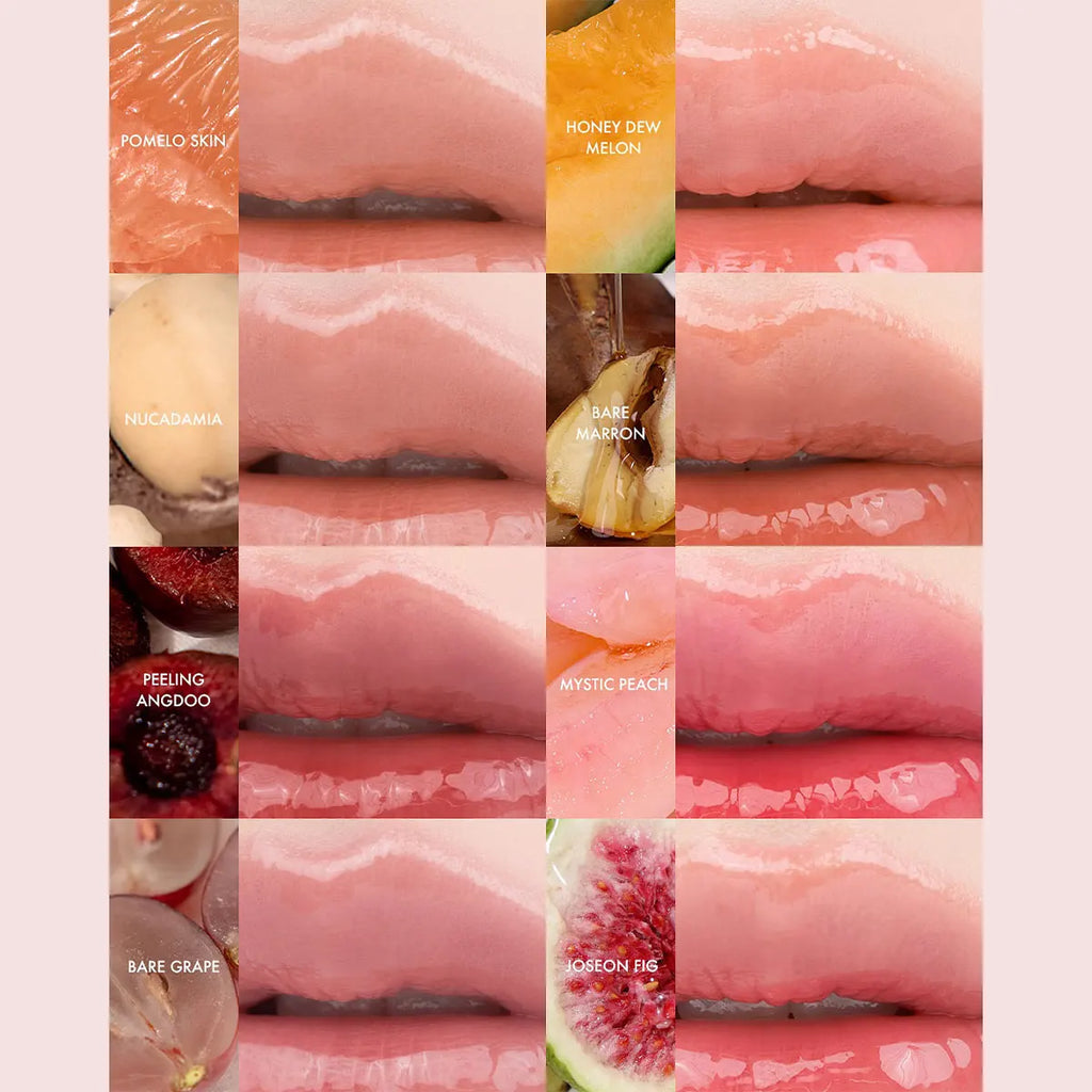 rom&nd Juicy Lasting Tint shades showing glossy, hydrating lip makeup swatches in various fruit-inspired colors.