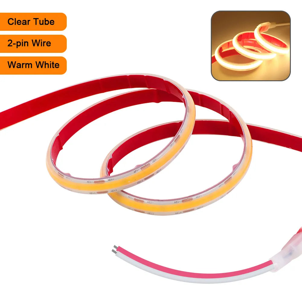 Warm white COB LED strip light kit, clear tube flexible tape with 2-pin wire
