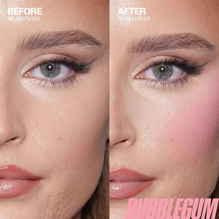 Before and after applying hydrating pink cream blush and lip stick, showing a natural, dewy, pigmented finish.