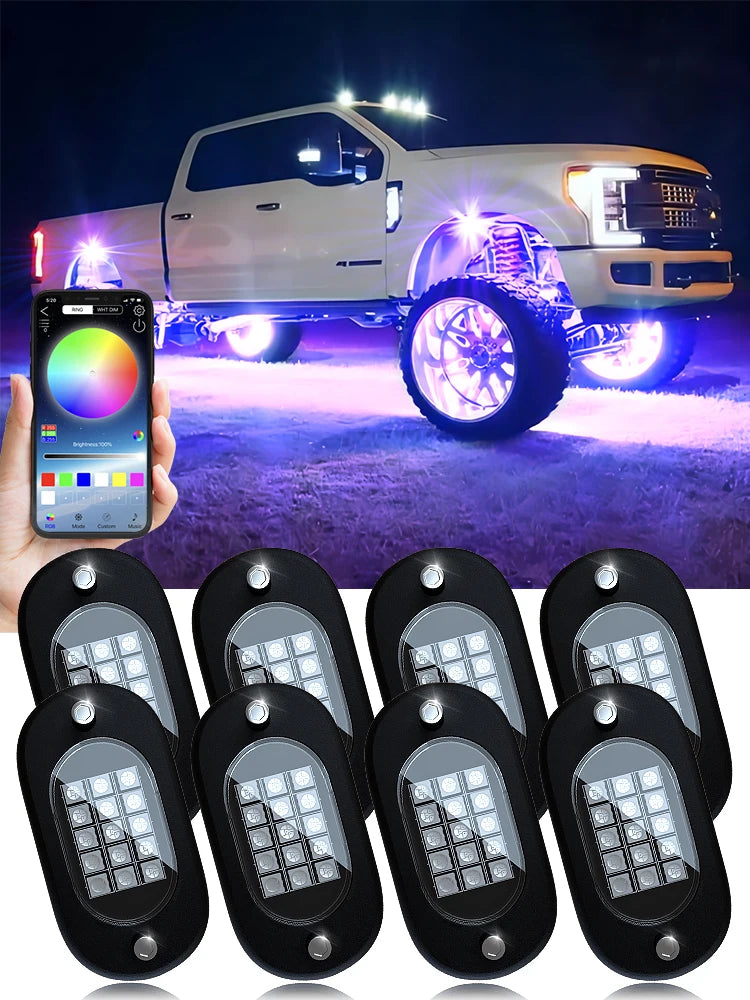 RGB LED Rock Lights for Trucks - App Controlled Neon Underglow Kit 8 pods Tidesmit