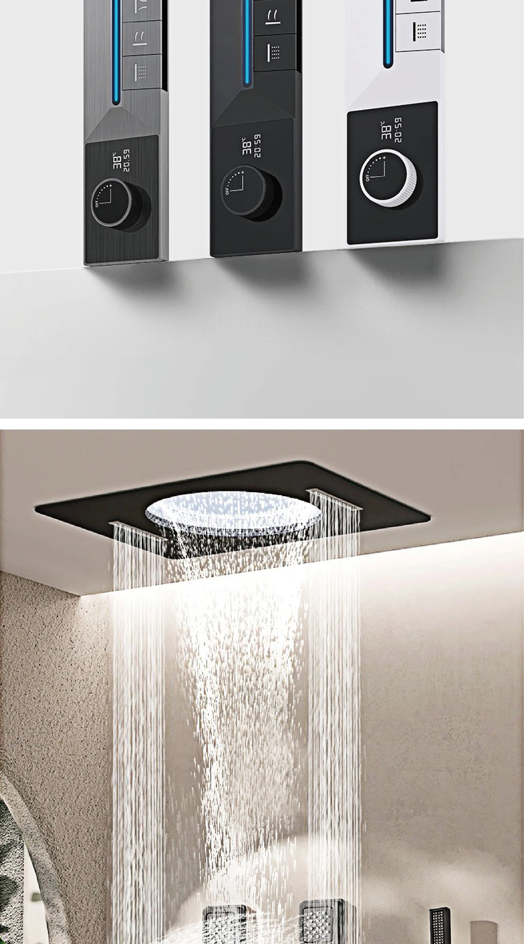 Gunmetal Gray Ceiling Mounted 4-Function Waterfall Shower System with Embedded Brass Thermostatic LED Display Body for Bathroom