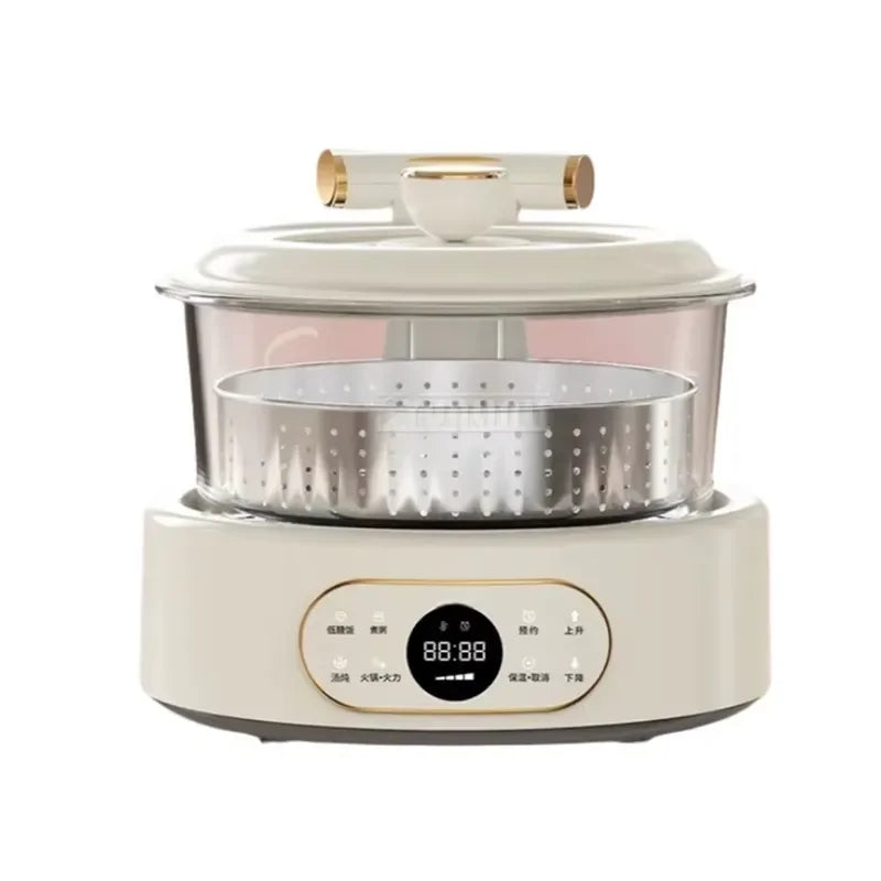 White electric multi-cooker with stainless steaming insert and glass lid on base
