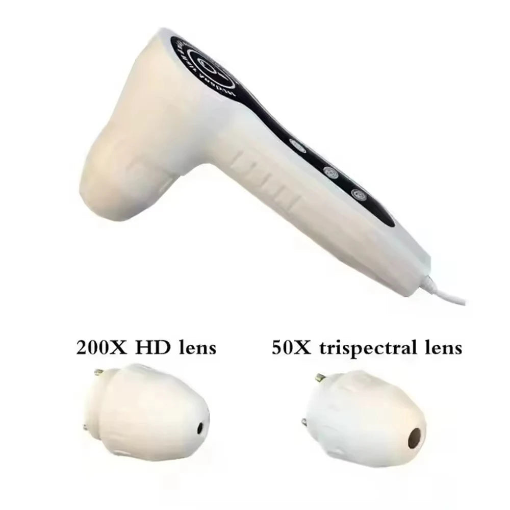 White handheld scalp analyzer with 200X HD lens and 50X trispectral lens for professional hair and skin diagnostics.