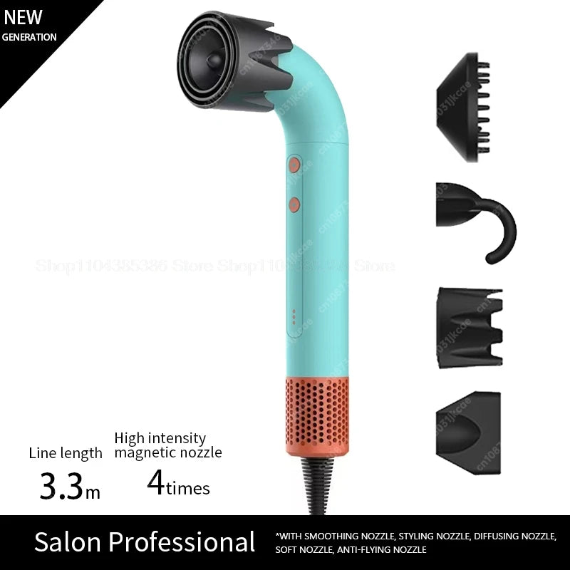Turquoise leafless ionic hair dryer with magnetic nozzles for professional styling and fast hair drying.