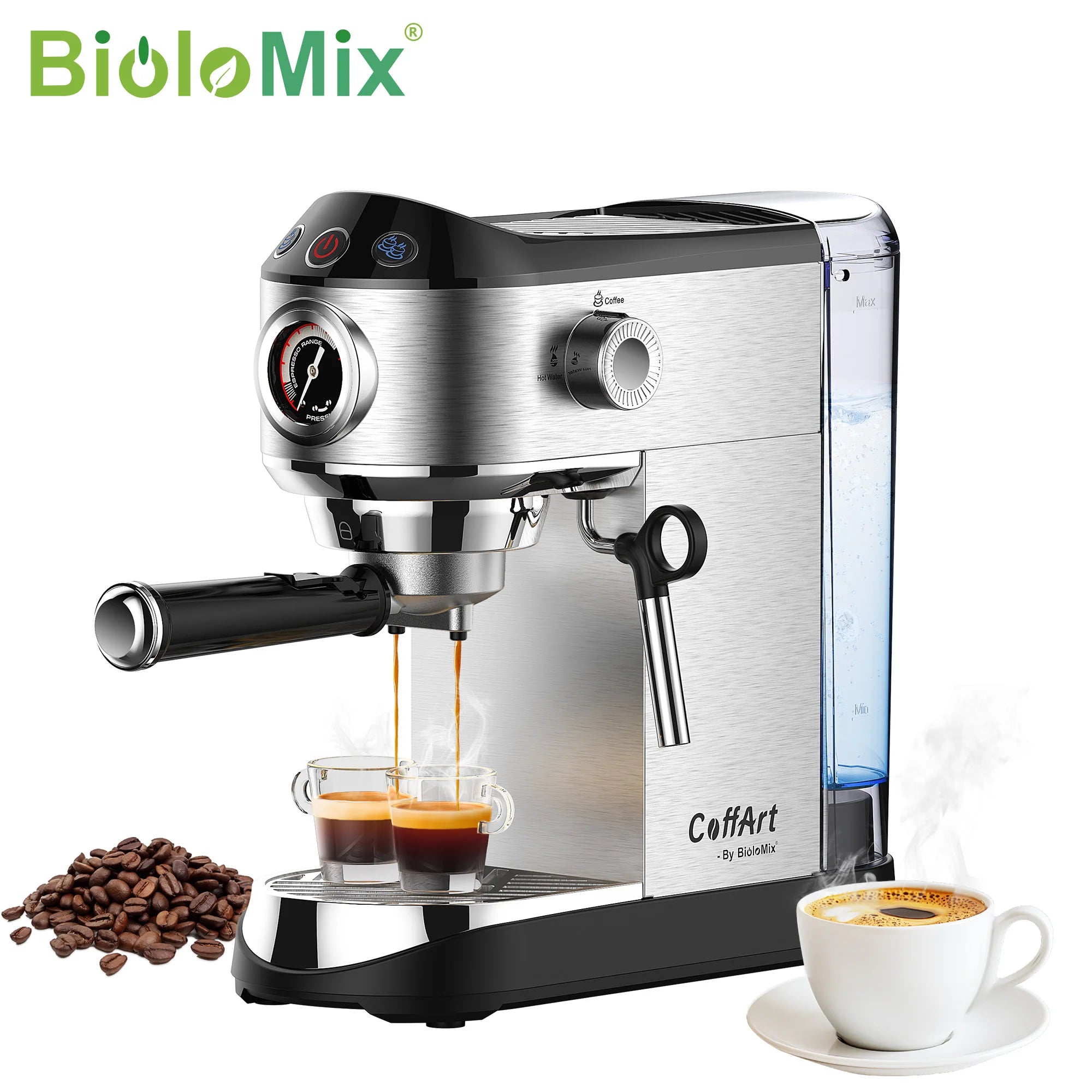BioloMix CoffArt stainless steel espresso machine with pressure gauge, steam wand, and detachable water tank.