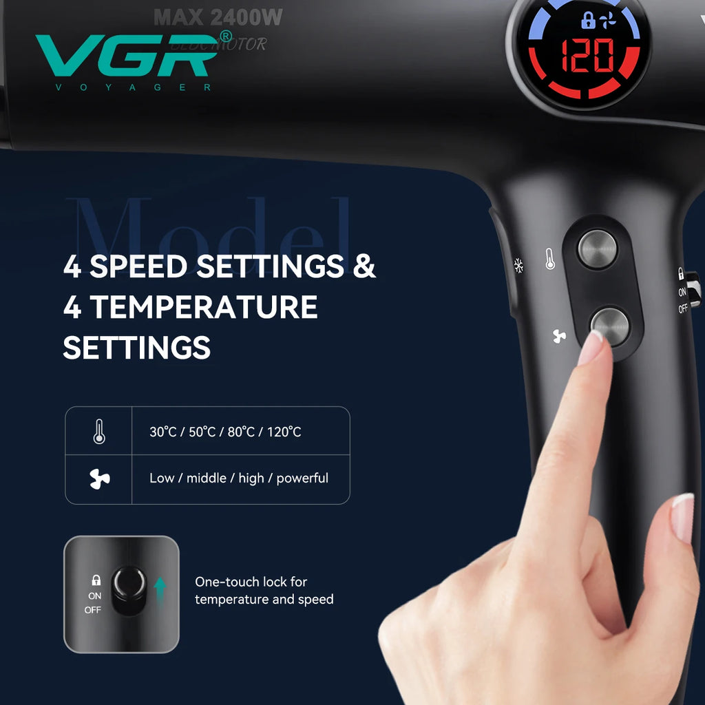 VGR V-469 professional black hair dryer with LED display, 4 speed/heat settings, and convenient one-touch safety lock.