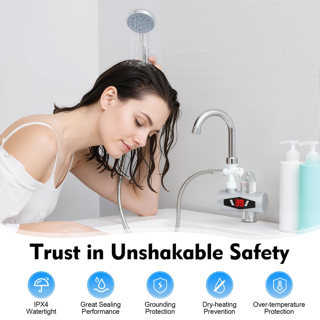3000W Electric Hot Water Faucet, 360° Rotatable Instant Water Heater with LCD Display, Tankless Electric Tap with 3-Mode Heating for Kitchen, Bathroom, RV (IPX4 Waterproof)