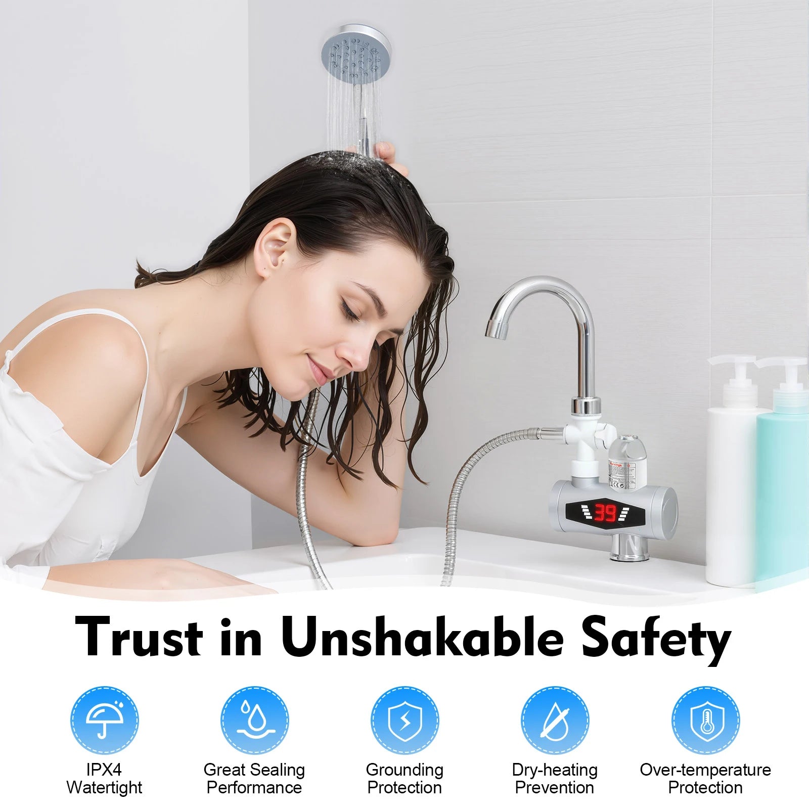 3000W Electric Hot Water Faucet, 360° Rotatable Instant Water Heater with LCD Display, Tankless Electric Tap with 3-Mode Heating for Kitchen, Bathroom, RV (IPX4 Waterproof)