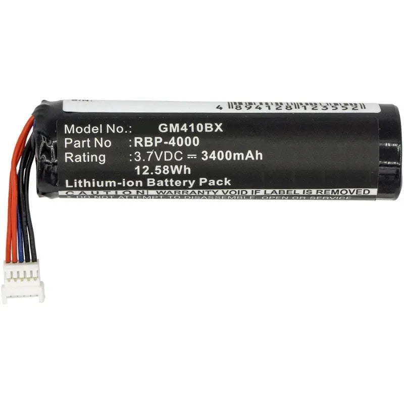 Barcode scanner battery pack, black lithium-ion with white connector, label side text