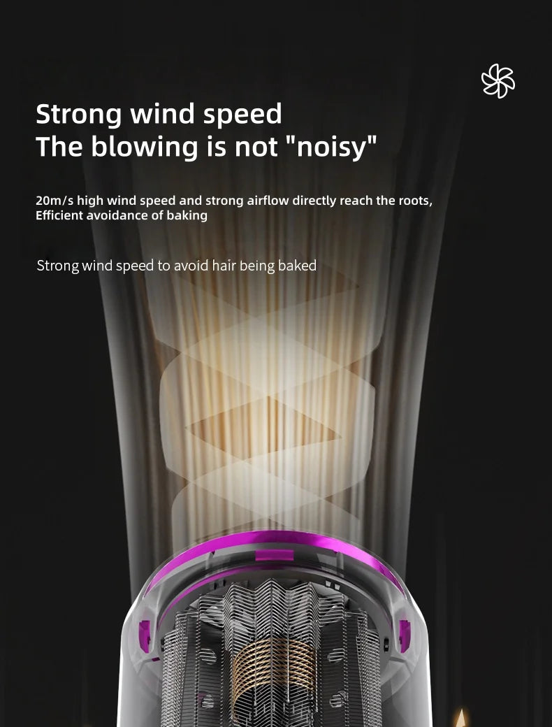 Foldable negative ion hair dryer with quiet, high-speed airflow and salon-grade purple nozzle for fast, safe drying.
