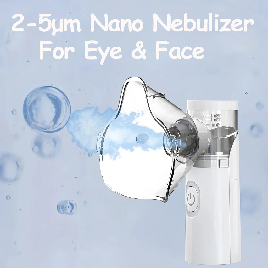 Portable nano eye and face steamer nebulizer, white handheld humidifier for moisturizing and dry eye relief.