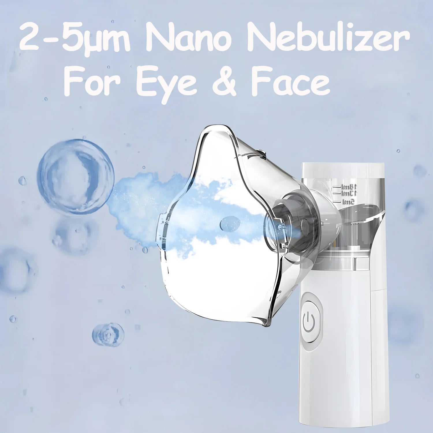 Portable nano eye and face steamer nebulizer, white handheld humidifier for moisturizing and dry eye relief.
