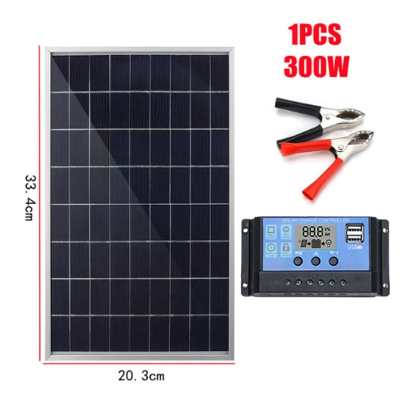 300W 12V Solar Panel Kit Complete Polycrystalline USB Power Portable Outdoor Rechargeable Solar Cell Solar Generator for Home