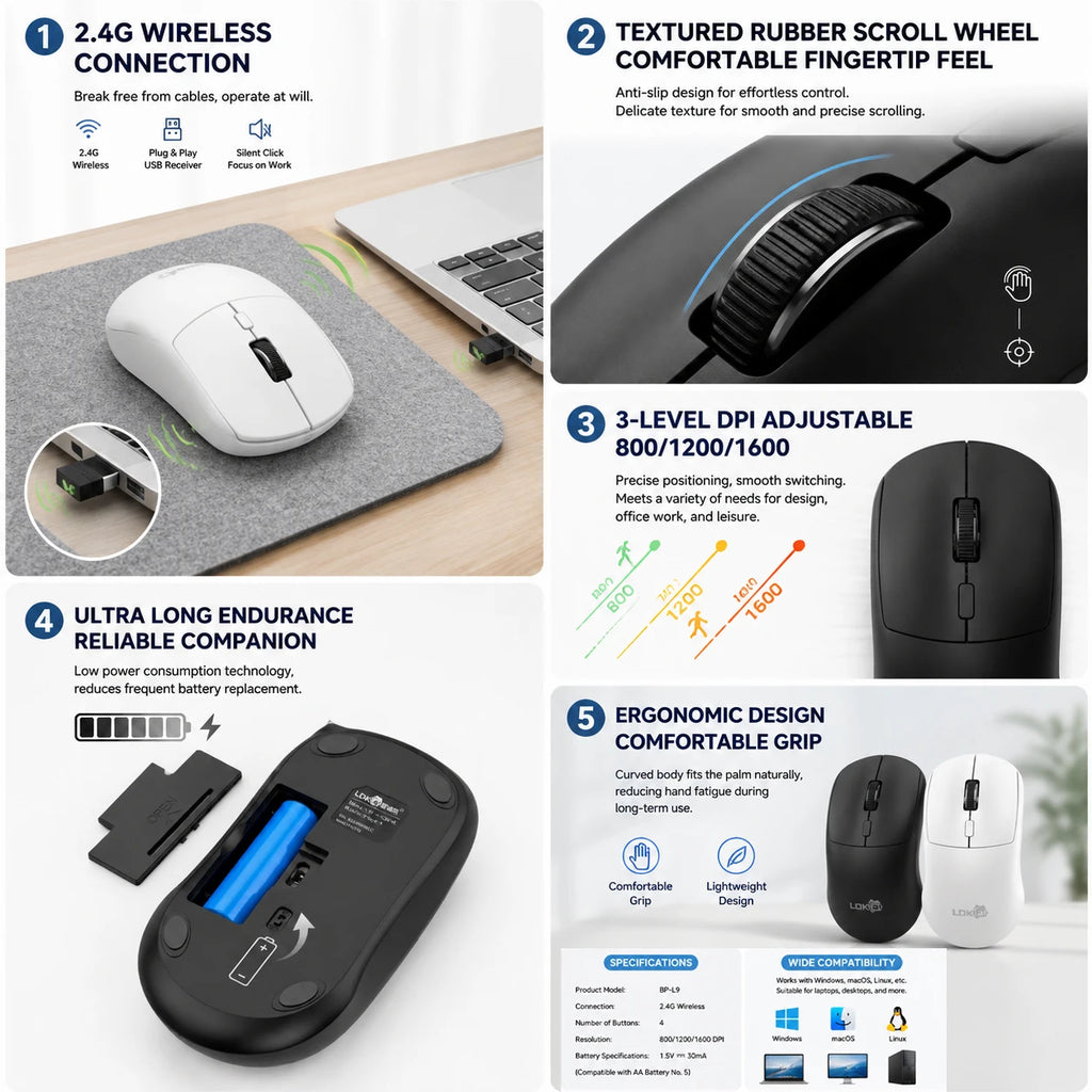 Wireless Gaming Office Mouse, 3-Level DPI, Lightweight,  Independent Switch, Long Battery Life Compatible with PC, Mac