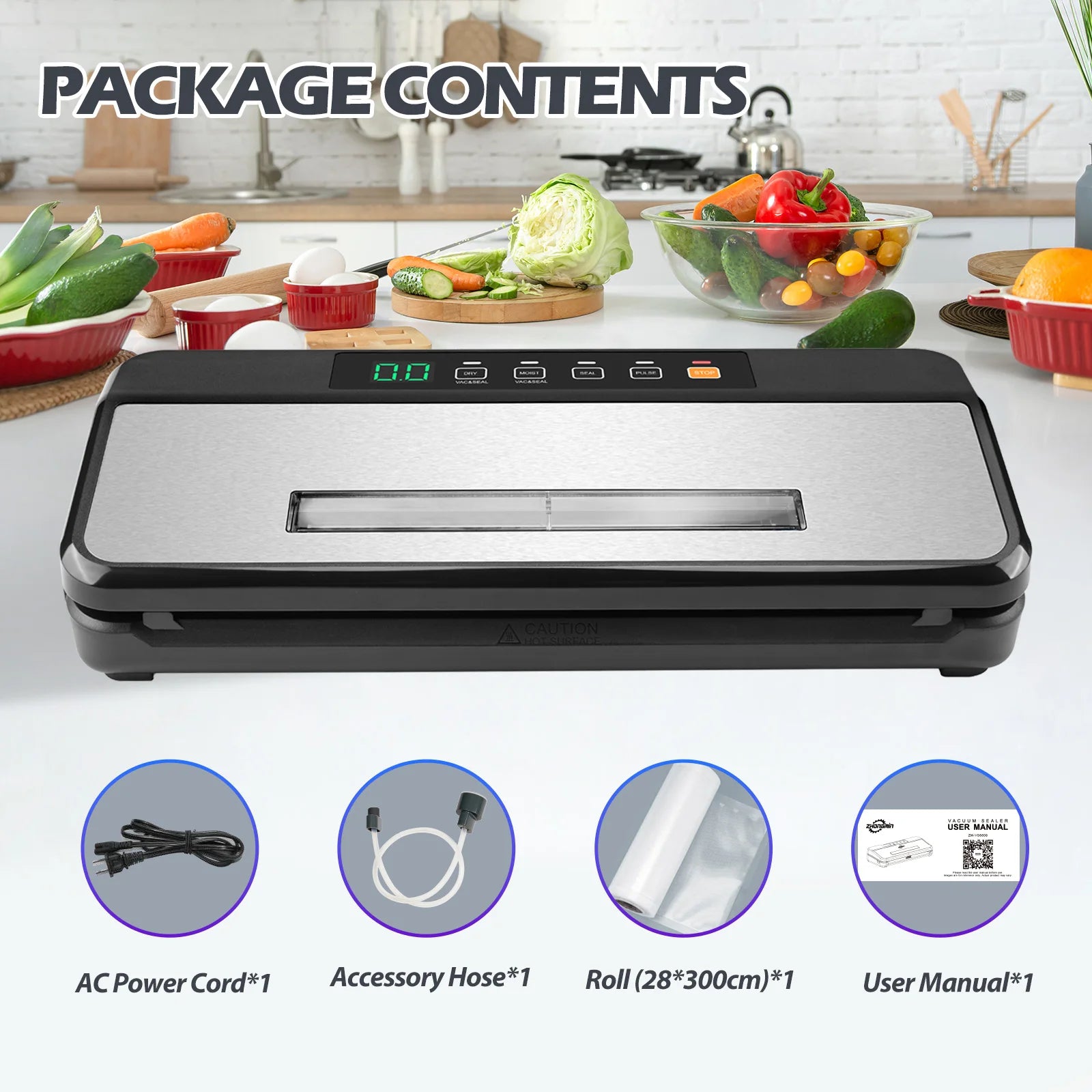ZHONGMIN Multifunctional Vacuum Sealer Machine 110V Automatic Food Sealer with Built-in Cutter 5mm Dual Sealing Strong Suction