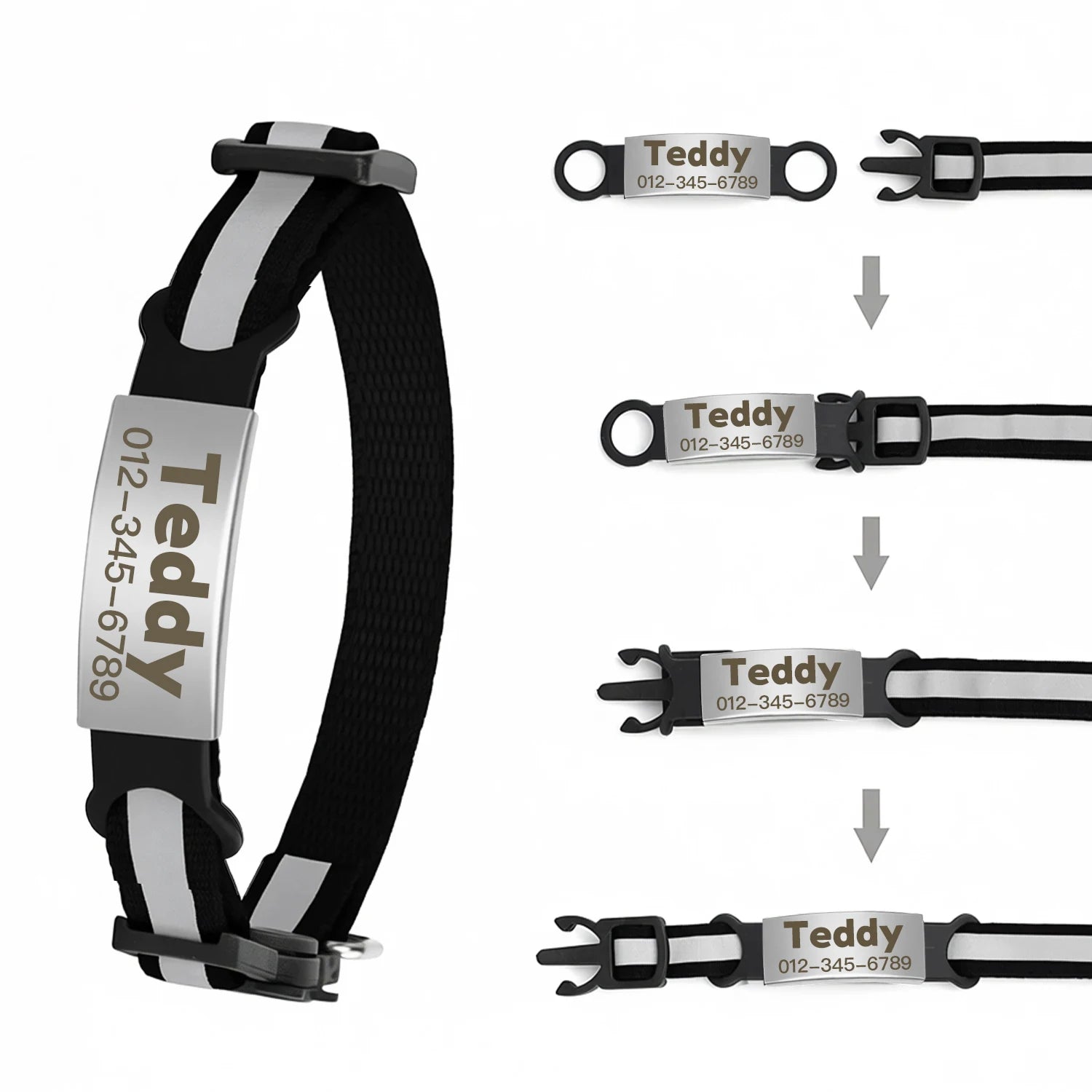 Customized reflective black cat and puppy collar with free engraved stainless steel ID nameplate for pet safety.