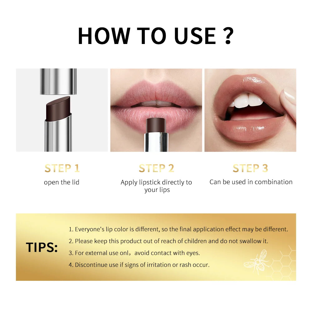How-to guide for honey lip balm showing long-lasting, moisturizing application on lips for a plump, glossy makeup look.