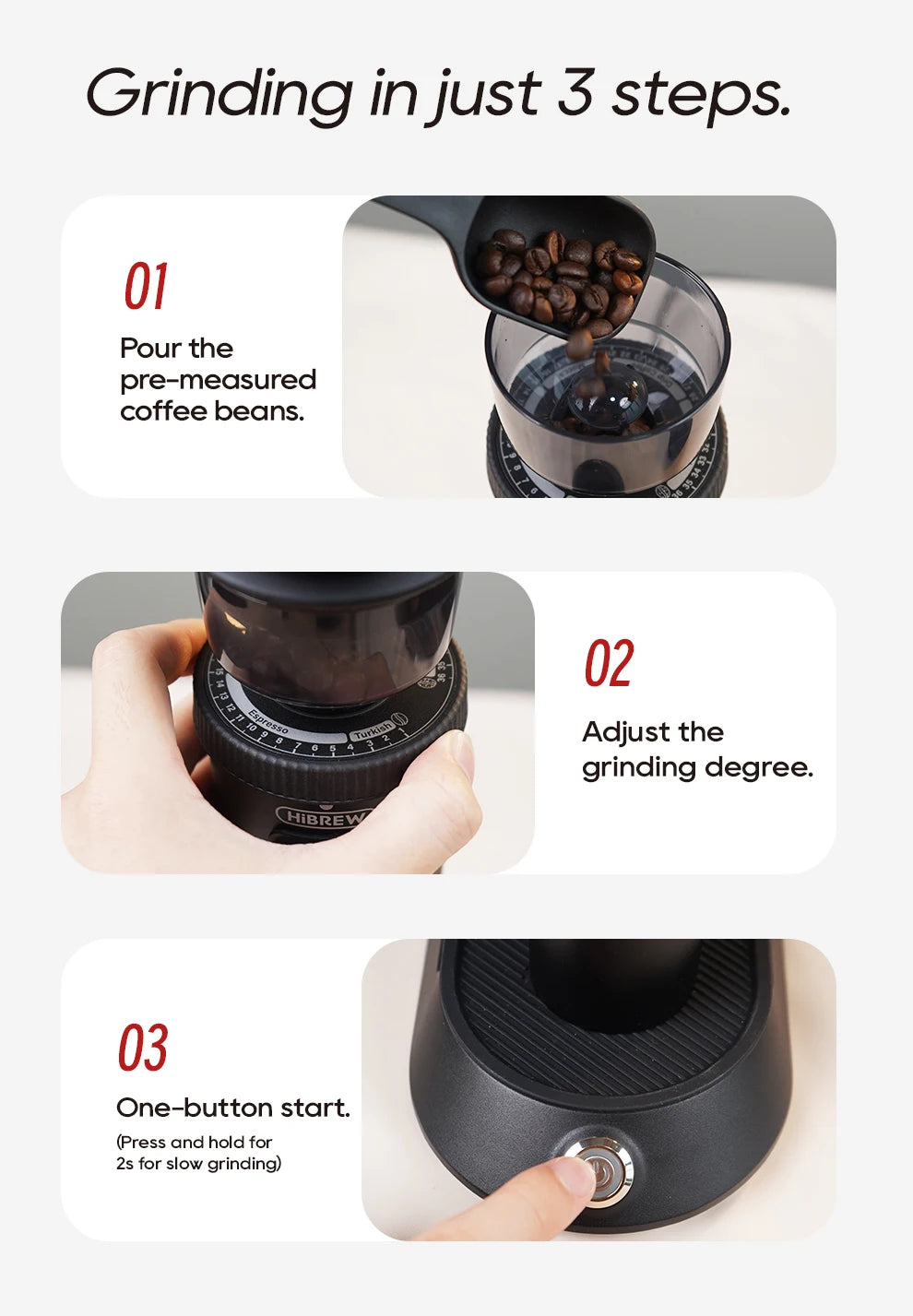 HiBREW electric burr coffee grinder with adjustable grind settings and one-button start in a compact black design.