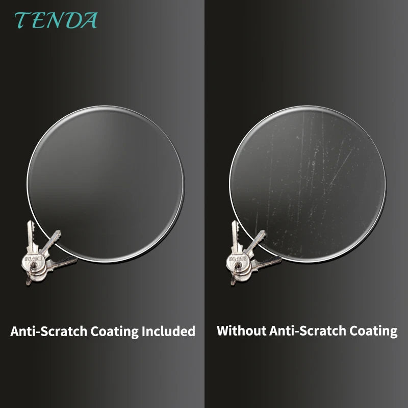 Clear circular eyeglass lens showing scratch resistance compared to an unprotected lens with key scratches.