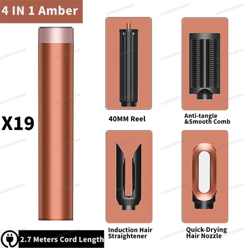 SenCiciMen 4-in-1 amber auto curling hair styler with dryer nozzle, straightening head, and anti-tangle brushes.