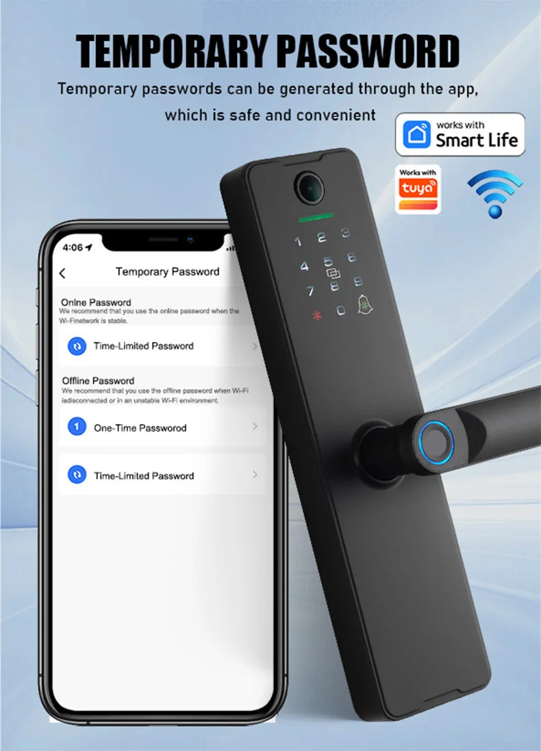 WAFU Tuya Smart Life WIFI Remotely Unlock Biometric Fingerprint Door Lock Visible Digital Electronic Card Door Lock with Camera