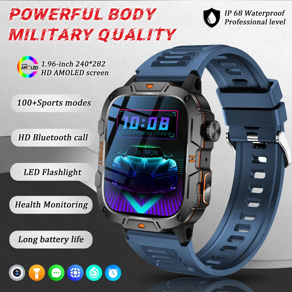 Men's rugged smart watch with blue silicone strap and round AMOLED display