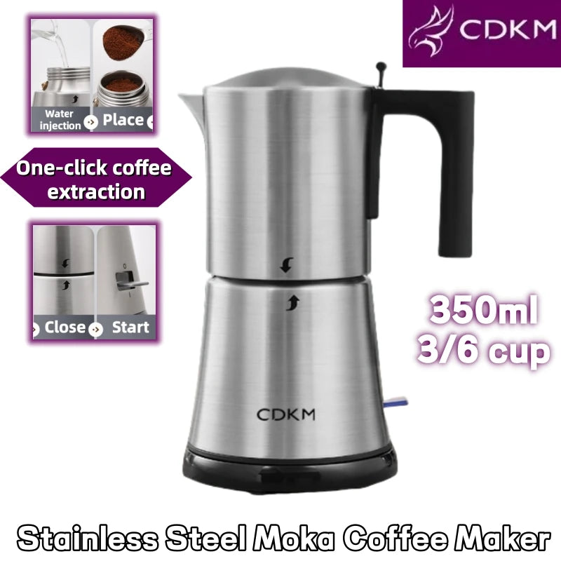 CDKM 350ml stainless steel electric moka pot coffee maker with one-click extraction and black handle.
