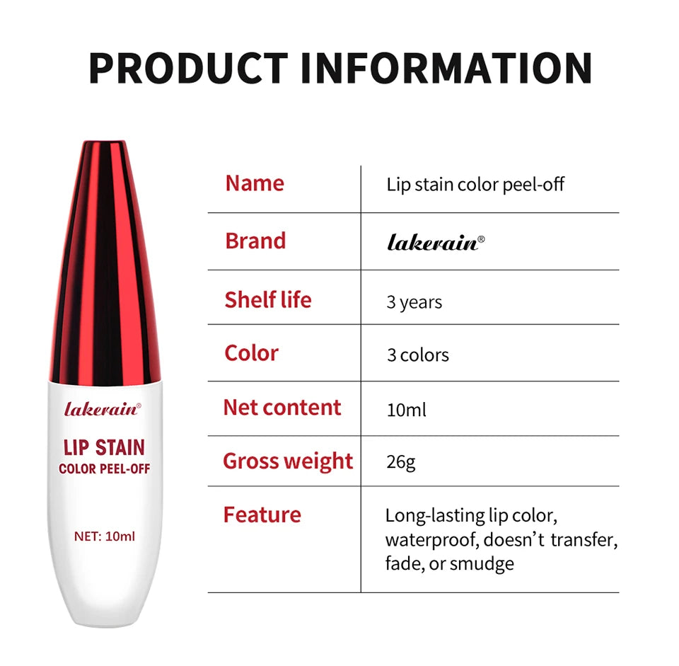 Lakerain peel-off lip stain with red cap, waterproof long-lasting matte lip tint makeup 10ml product information chart.