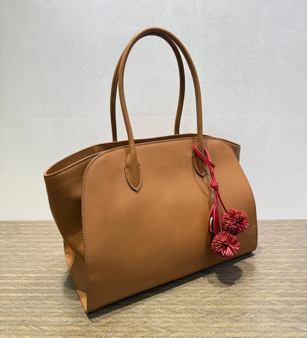 2026 high-quality genuine leather Marlo 12 inch 14 inch saddle leather tote bag, women's shoulder bag, high-end leather texture,