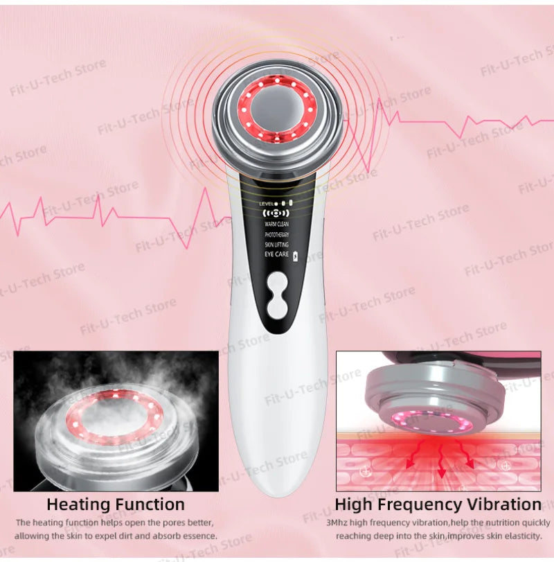 White and black handheld facial massager with a circular metal head featuring glowing red LED light therapy.